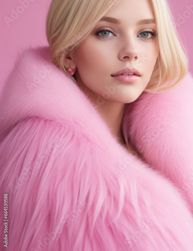 Blonde woman in pink fur, portrait. Ai generative, non existing person