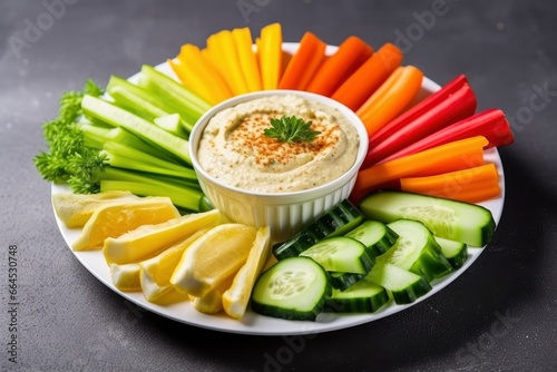 Crop shot of plate with colorful healthy sliced vegetables.
