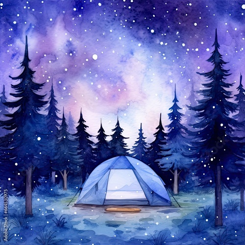 A Camping Tent in the forest with Night sky, watercolor for T-shirt Design. © Md