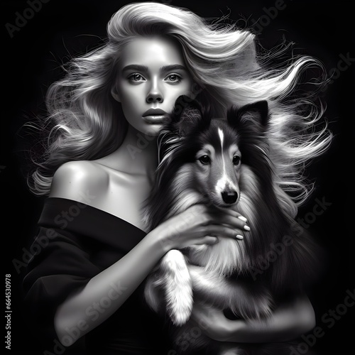 Schöne Frau mit Hund in schwarz weiß