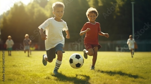 two children playing soccer on a grass field photo