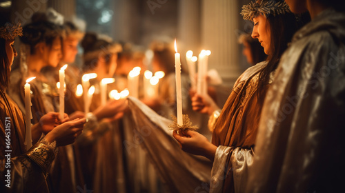 Toga-Clad Romans Lighting Candles to Mark the Winter Solstice, The Roman Origins of Christmas, with copy space, blurred background photo