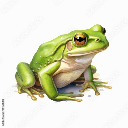 Watercolor green frog on white background.