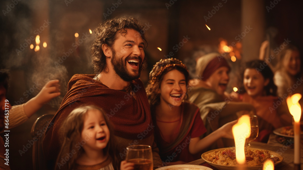 Ancient Roman Family Rejoicing in a Lavish Saturnalia Feast, The Roman Origins of Christmas, with copy space, blurred background Ancient Roman Family Rejoicing in a Lavish Saturnalia Feast, The Roman Origins of Christmas, with copy space, blurred background