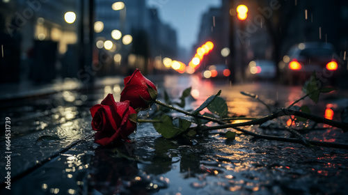 Fototapeta Naklejka Na Ścianę i Meble -  Two fresh roses on the wet pavement illuminated by street lamps in the evening
