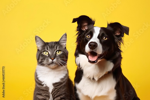  Cat and dog together with happy expressions on yellow background. © Md
