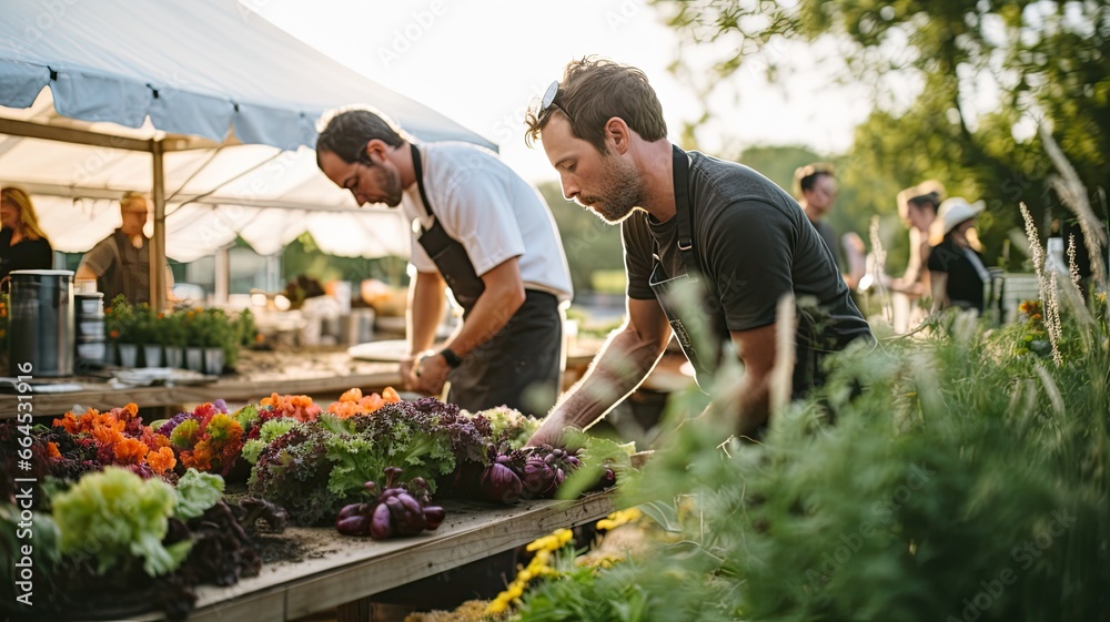 Obraz premium Visualize farmers and chefs collaborating at a local farm, showcasing the journey from farm to plate and the importance of sustainability