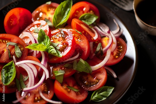 Healthy tomato salad with onion basil olive oil and balsamic vinegar. photo