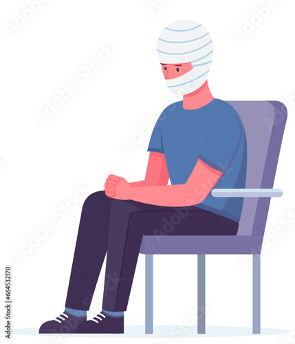 Man with a bandaged head in a flat design vector illustration, Head injured patient sitting on a chair, sad looking, stock vector image