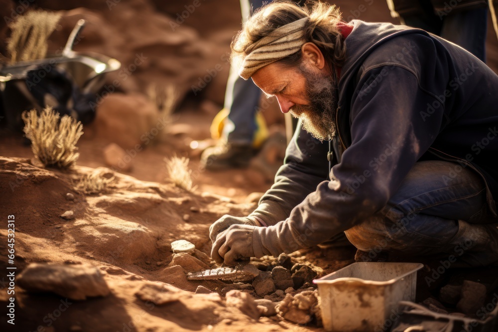 Anthropologist carefully excavating ancient artifacts at an archaeological dig site. Anthropologist carefully excavating ancient artifacts at an archaeological dig site.