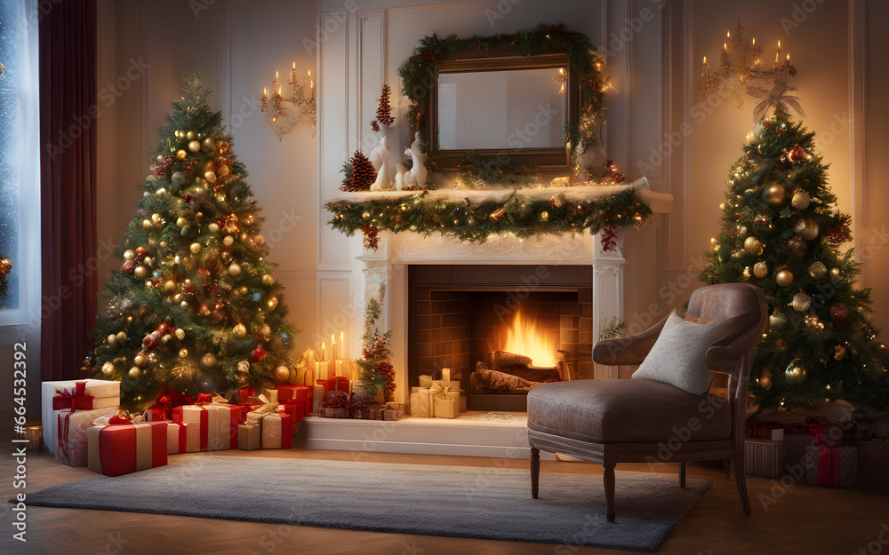 Christmas interior with a fir tree, presents and fireplace