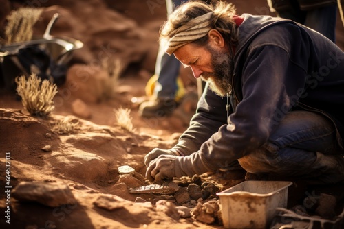 Anthropologist carefully excavating ancient artifacts at an archaeological dig site.
