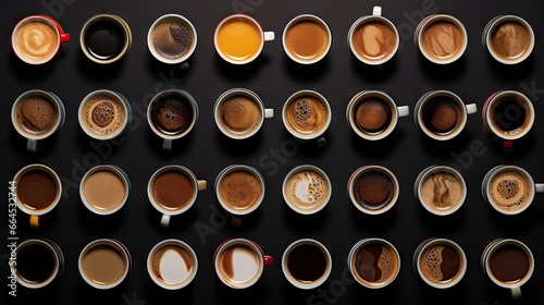  a group of coffee cups with different types of coffee in them. generative ai
