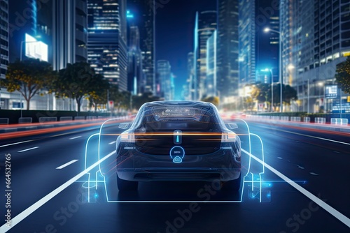 Modern smart car technology intelligent system using Heads up display (HUD) Autonomous self driving mode vehicle on city road with graphic sensor radar signal system intelligent car. © Md