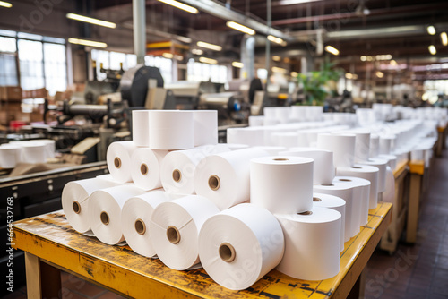 Large rolls of thermal paper produced in a mill factory, manufacturer with industrial slitting machine photo