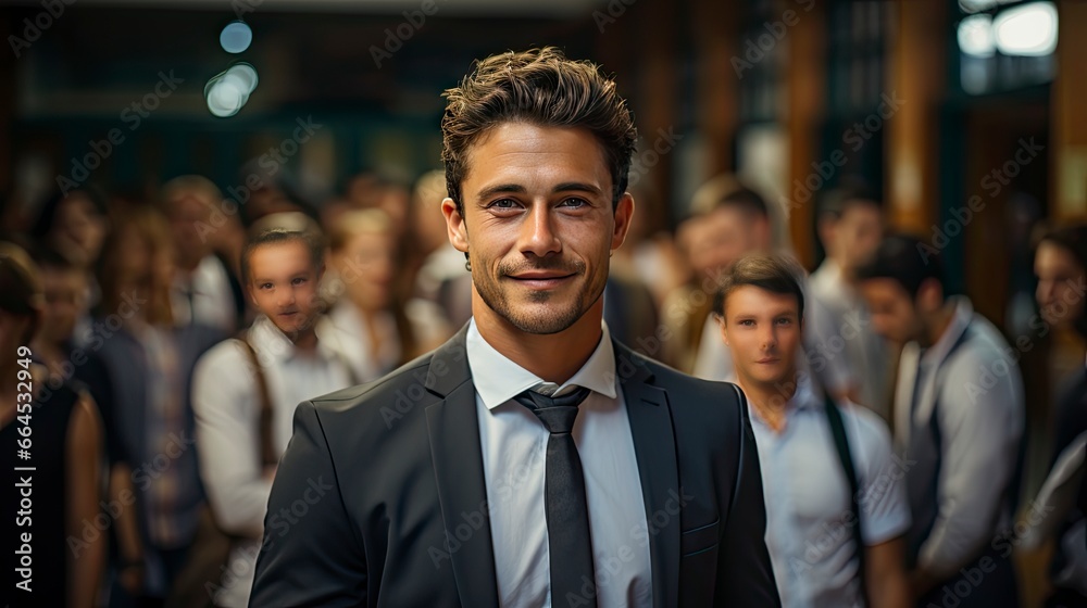 Confident man stands out in busy crowd, radiating charisma. Confident man stands out in busy crowd, radiating charisma.