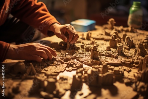 A symbolic image of anthropologists piecing together fragments of cultural artifacts like a jigsaw puzzle, illustrating the meticulous work of cultural preservation and interpretation.