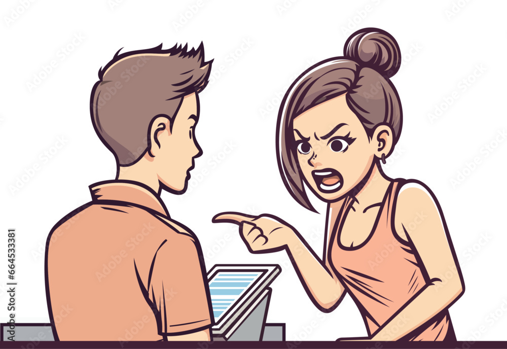 Female customer complaining to a store clerk, vector illustration, Unhappy angry customer complaining, stock vector image - obrazy, fototapety, plakaty 