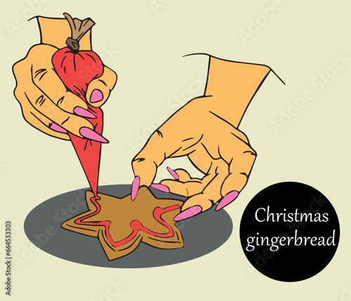 Female hand decorates Christmas gingerbread cookies with sugar icing. Homemade fragrant pastries. Festive winter mood.