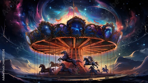  a painting of a carousel with horses on a night sky background. generative ai