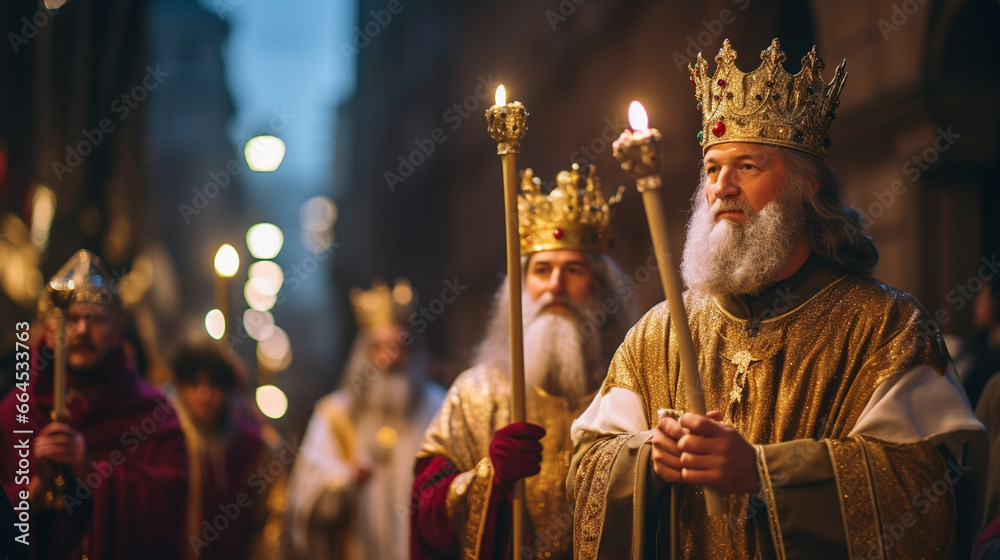 Three Kings' Day and Saint Nicholas Day Candlelit Procession, the Three Kings’ Day, Saint Nicholas Day, with copy space, blurred background - obrazy, fototapety, plakaty 