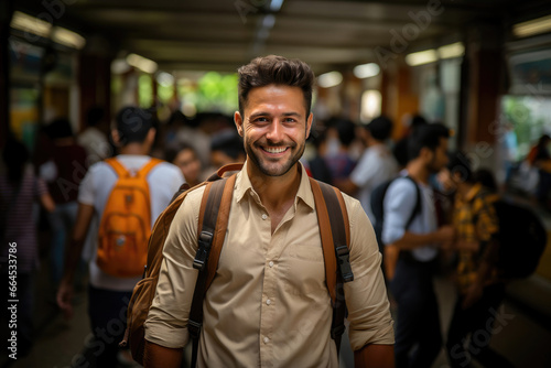 Cheerful young man with a backpack smiling amidst a busy urban transportation hub, representing city life and travel.