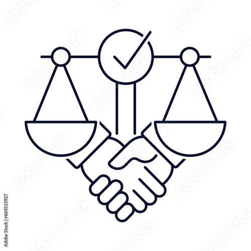  Settlement of controversial issues in court. Peaceful resolution of conflicts. Compromise. Vector linear icon isolated on white background.