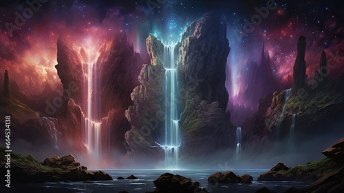  a painting of a waterfall surrounded by mountains and stars in the sky. generative ai