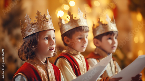 Children Singing Carols for Saint Nicholas, the Three Kings’ Day, Saint Nicholas Day, with copy space, blurred background