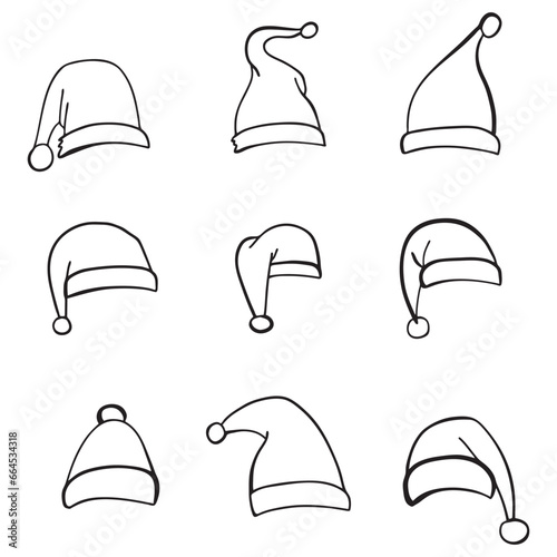 Set of hand drawn Santa hats. Festive design element for Christmas and New Year. Vector illustration in doodle style