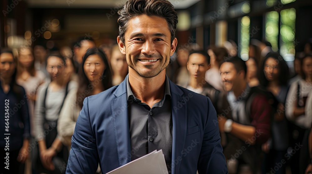 Confident man stands out in busy crowd, radiating charisma. Confident man stands out in busy crowd, radiating charisma.
