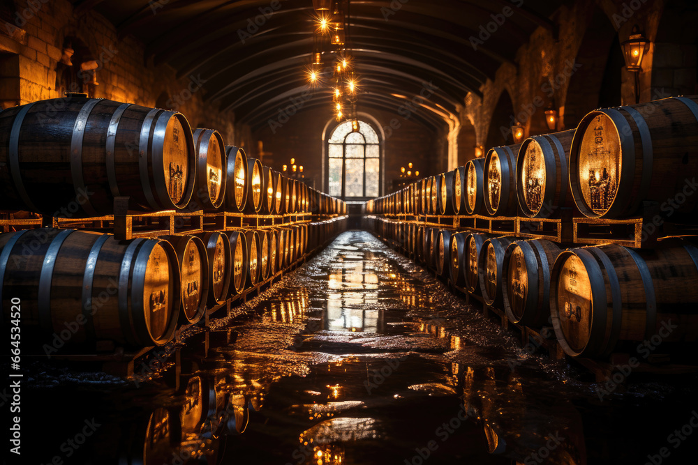 Evocative distillery setting with wine barrels and romantic candle glows reflecting in a shimmering puddle.