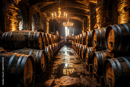 Traditional wine storage room filled with barrels, enhanced by the warm glow of candles and lights.