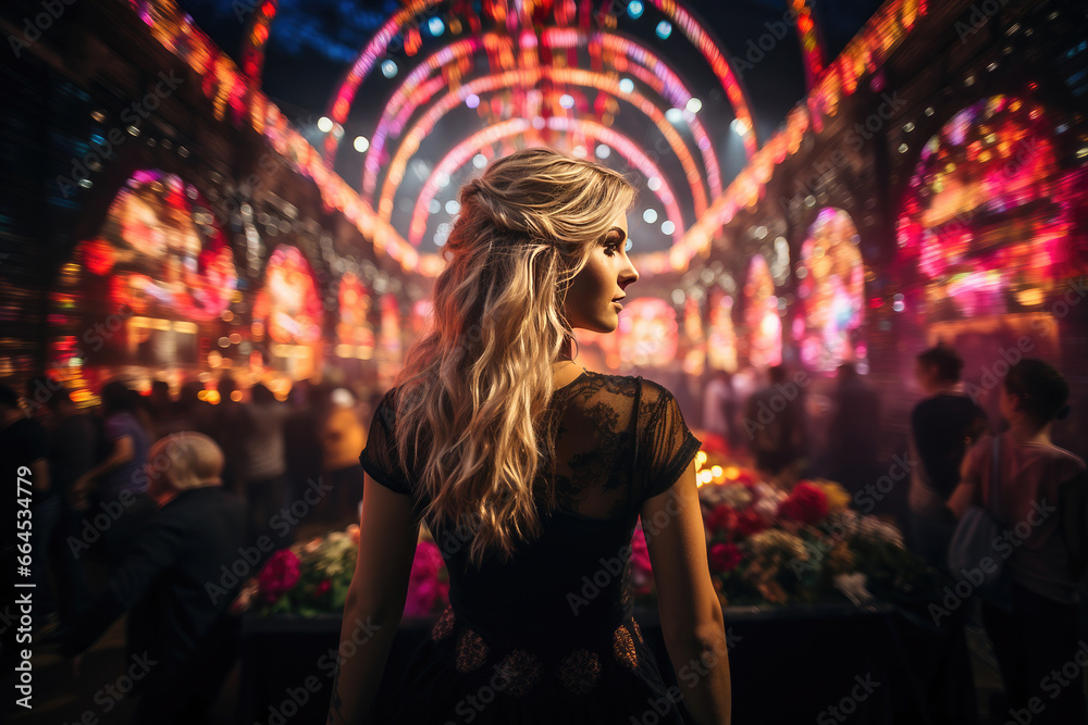 Fototapeta premium Elegant woman amidst a radiant city festival, surrounded by vibrant lights and an energetic crowd.