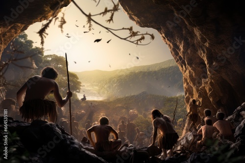 An artistic representation of early human life, with hominids hunting and gathering in a prehistoric setting photo