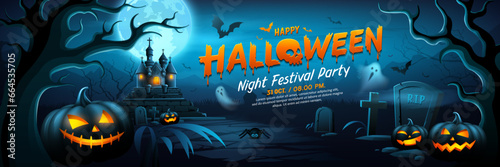 Happy Halloween text, tree scary, castle, pumpkins, bat flying, ghost banner design on moonnight dark blue background, Eps 10 vector illustration
 photo