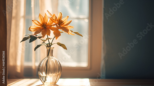 beautiful aesthetic flower in glass by the window photo