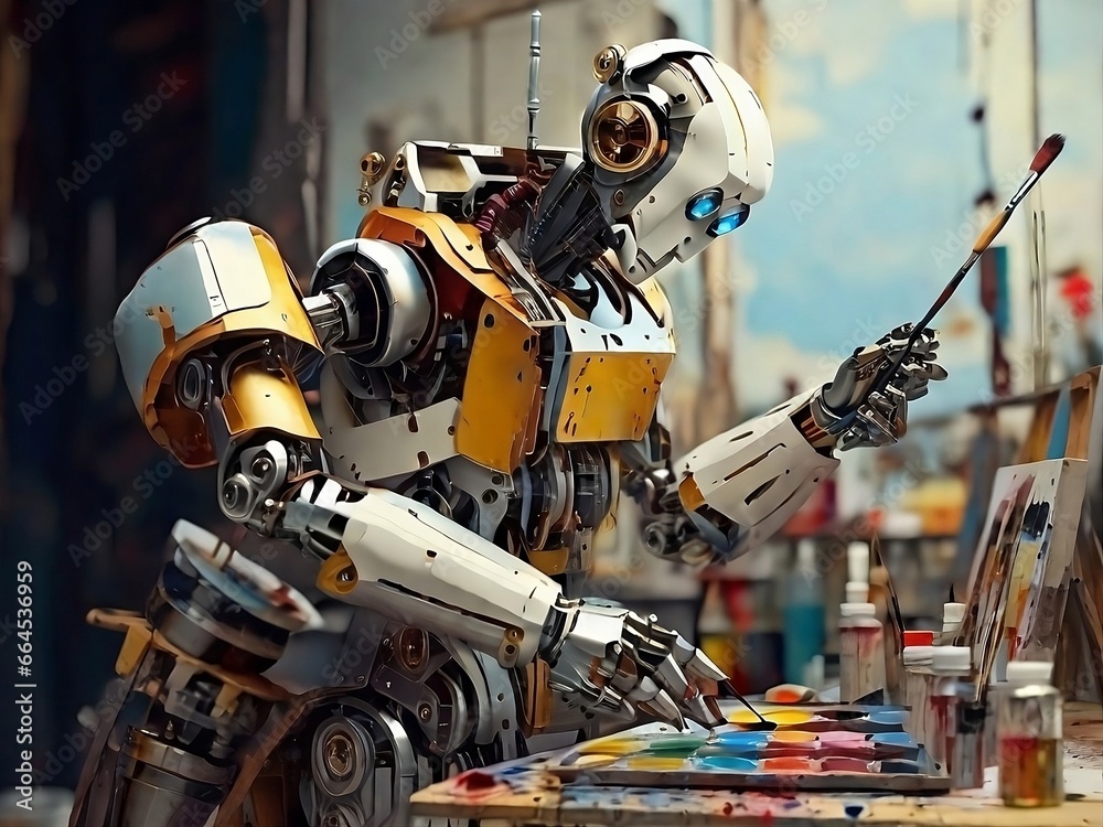 robot in his studio intent on painting