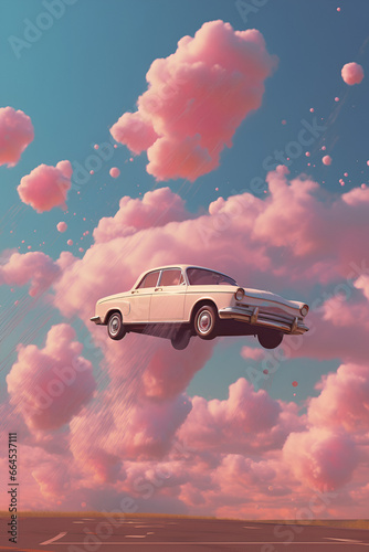 surreal retro aesthetic car flying in pink, photo manipulation