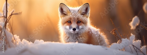 Beautiful vulpes fox against the backdrop of a snowy winter forest with a bushy tail, hunting in the freshly fallen snow in the park. wild forest animals.