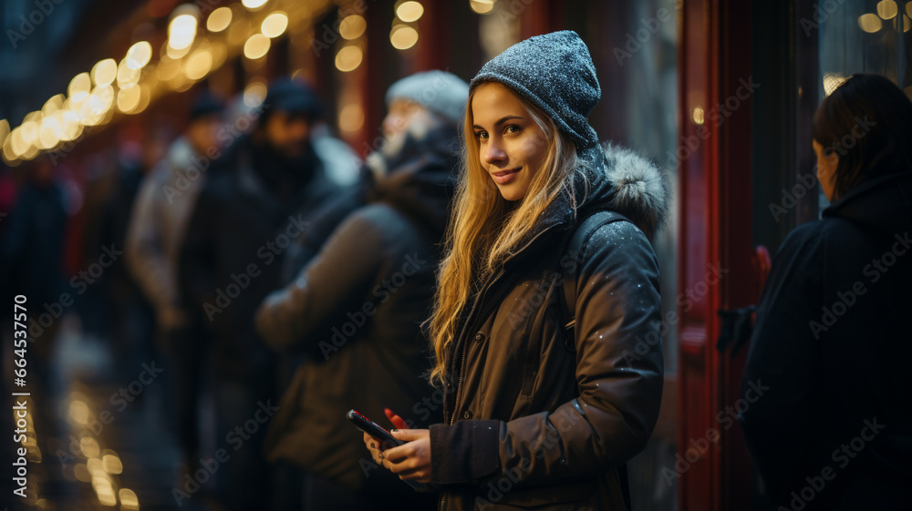Obraz premium Young 20-Year-Old Woman Waits in Line on a Winter Day to Attend a Show