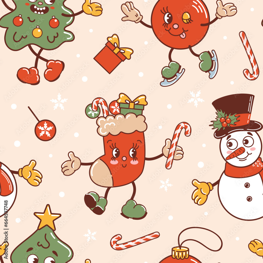 Obraz premium Snowman, Christmas tree and stocking dancing, ball is skating. Cute old retro cartoon style characters. Knitted ugly sweater. Seamless pattern for wallpaper, fabric, wrapping, background.