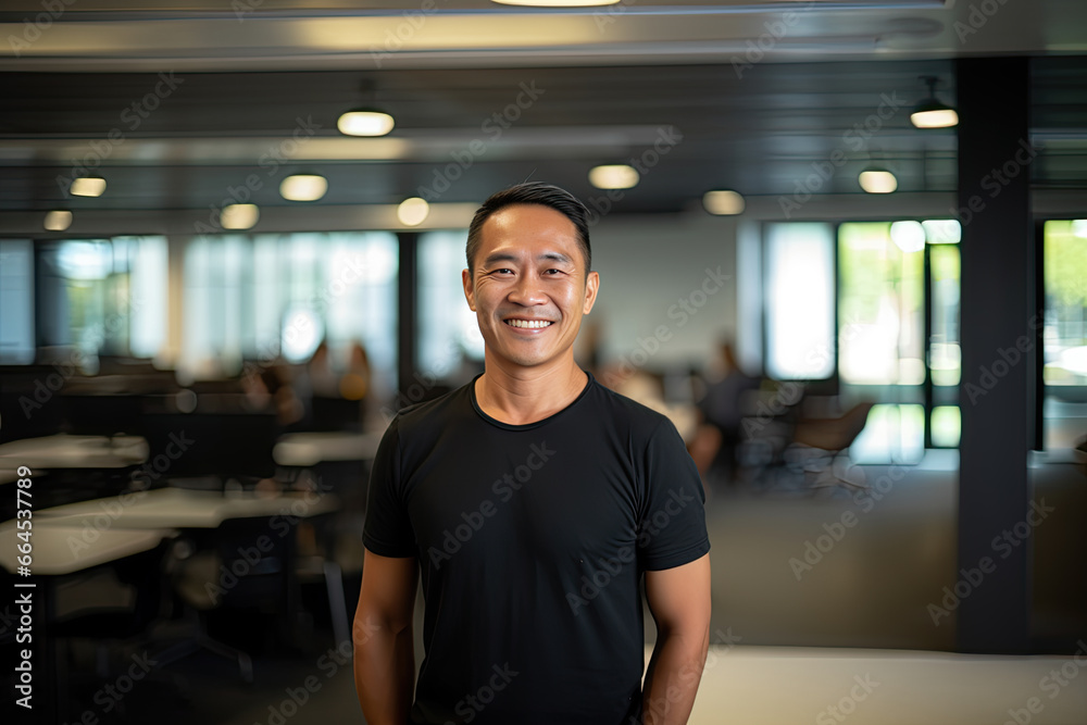 A friendly Asian man in his forties with a pleasant smile, white teeth, and a fashionable hairstyle stands in a blank black t-shirt on a blurred background of a large office. Mock-up for design.