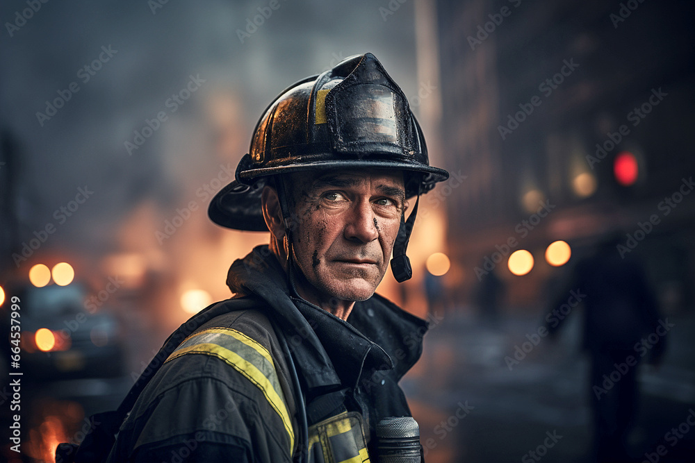 Portrait of firefighter on background of fire