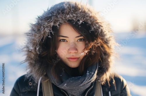 A girl in northern country, not breathing, wearing a scarf photo