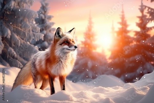 Beautiful vulpes fox against the backdrop of a snowy winter forest with a bushy tail  hunting in the freshly fallen snow in the park. wild forest animals.