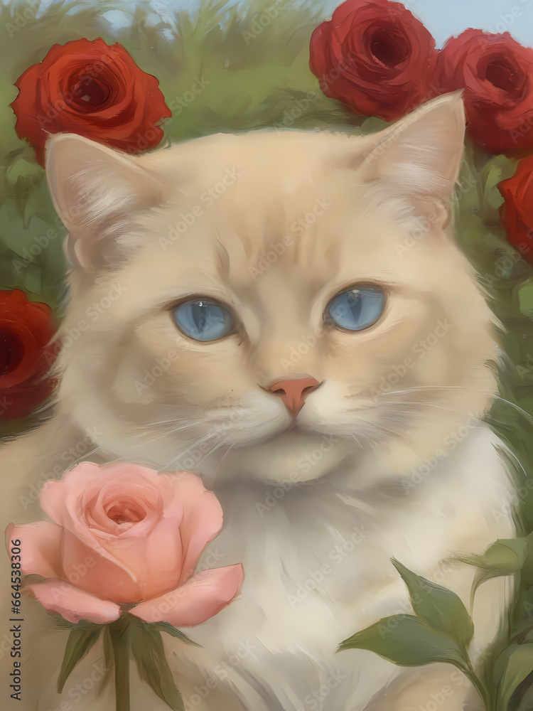 Cat with flowers classic style art, generative by AI