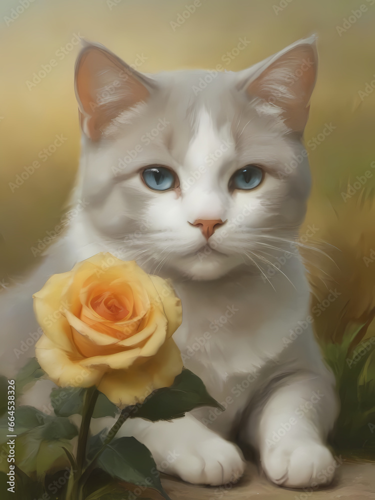 Cat with flowers classic style art, generative by AI Cat with flowers classic style art, generative by AI