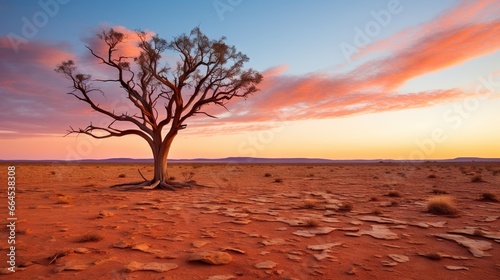  a lone tree in the middle of a desert at sunset. generative ai
