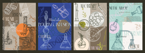 Science, Chemistry, Laboratory Tests, Biology, Pharmaceutics concept. Posters, flyers, banner designs or book covers. Set of vintage retro style vector illustrations. Typography. Vintage pencil sketch